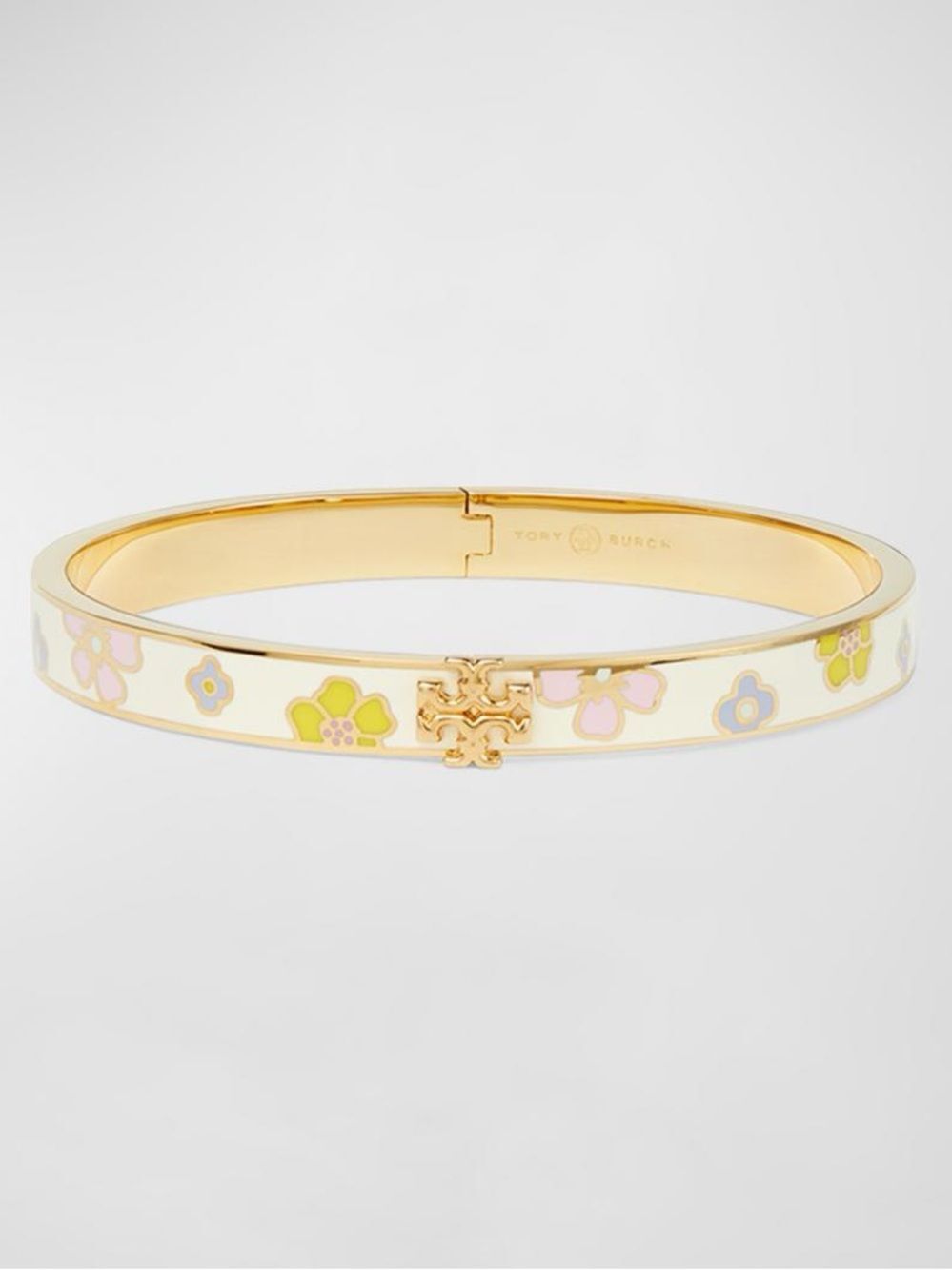 NWT Tory Burch Kira Flora-Print Enamel Hinged Bangle Bracelet Gold Cream - Picture 2 of 13
